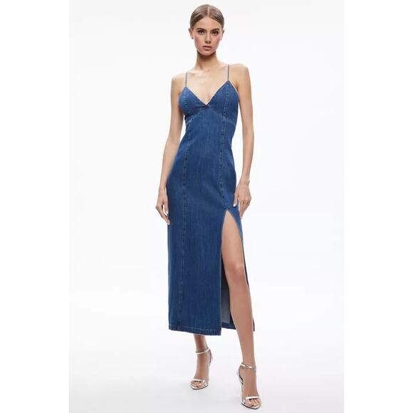 Alice + Olivia Dresses & Skirts - Alice + Olivia Julietta Slit Denim Midi Dress avery blue jean size 2 NWT